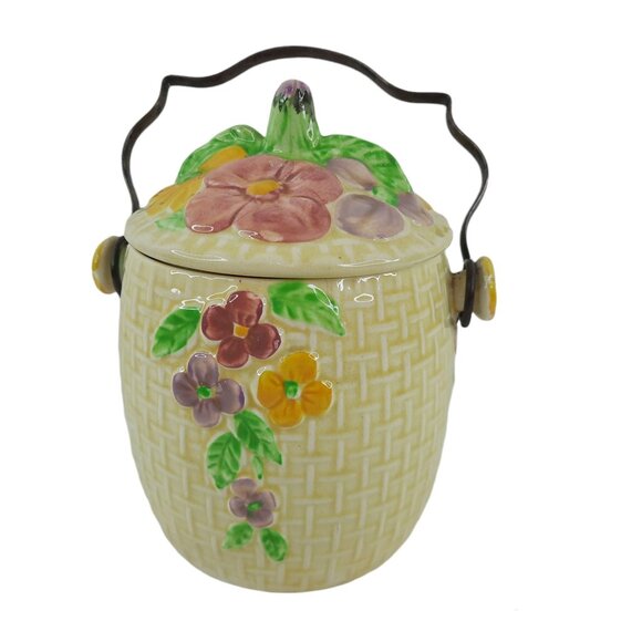 Vintage Wade Heath Biscuit Barrel Yellow Pink Floral Basketweave England Pottery